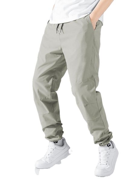 

men drawstring waist slant pocket pants r17j#, Black