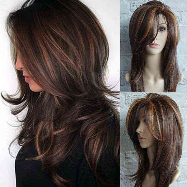 

women's wig golden brown pick dye gradient long curly hair fluffy pear curl inside buckle medium straight 220816, Black