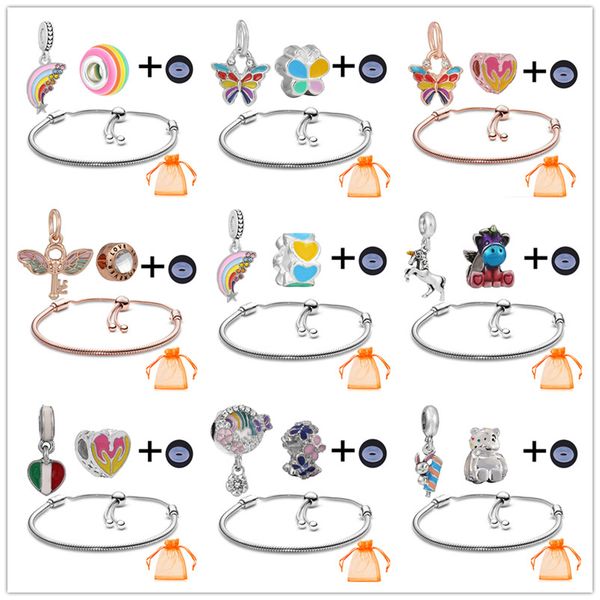 

925 sterling silver bracelets charms original fit pandora colorful beads luxury diy flower wings pendant bangle charm ladies jewelry fashion, Golden;silver