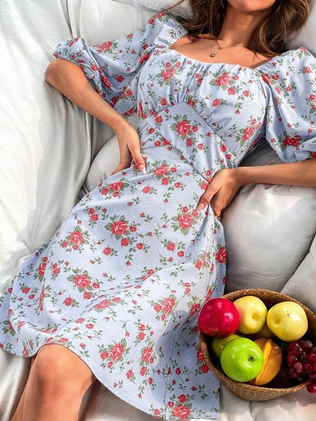

allover floral tie back milkmaid dress f9y7#, Black;gray