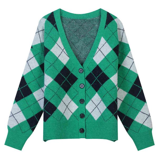 

women's sweaters korean version autumn and winter color contrast rhombic stripe jacquard lazy style slim fit v-neck cardigan jacket wom, White;black