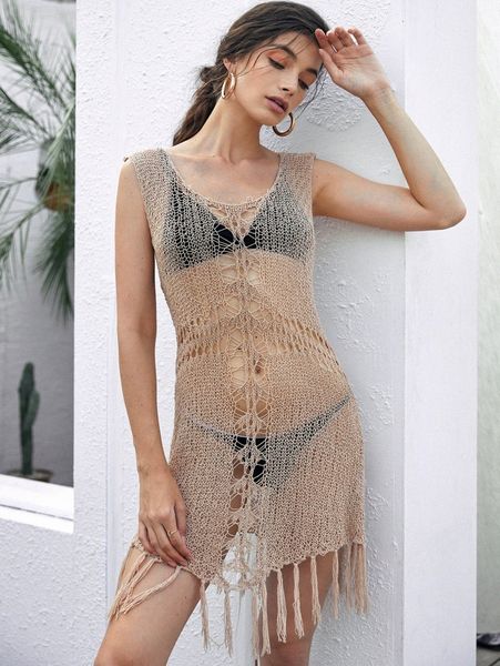 

fringe hem sleeveless cover up s1wt#, White;black