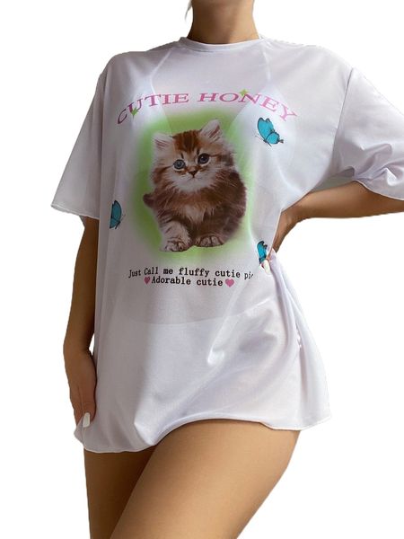 

cat & slogan graphic mesh high neck cover up h87l#, White;black