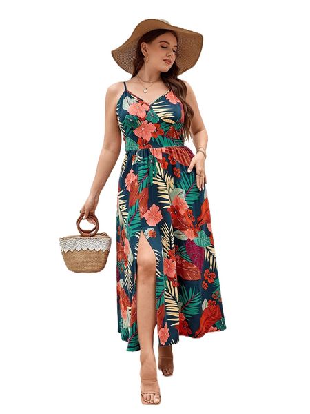 

plus tropical print split thigh cami dress e86i#, Black