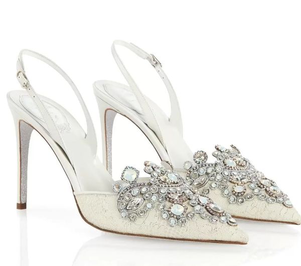 

elegant rene bridal party wedding jewel slingbacks veneziana sandals caovilla pumps luxury designer lace pointed toe high heels eu35-42, Black