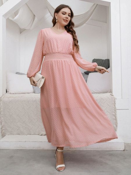 

plus swiss dot lantern sleeve shirred waist dress u259#, Black