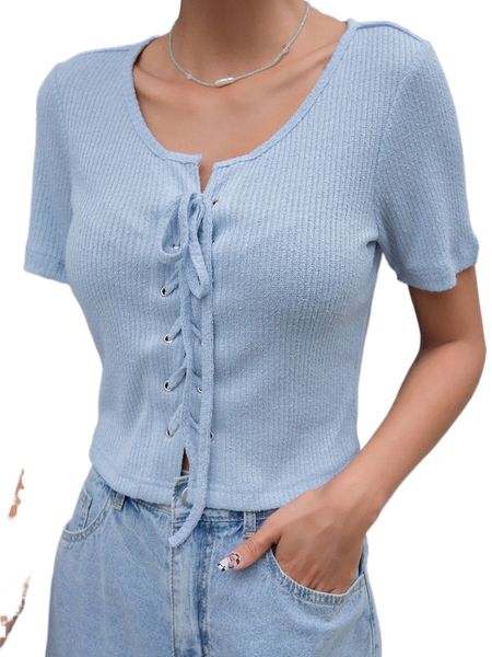 

dazy solid lace up grommet eyelet detail tee b9gu#, White