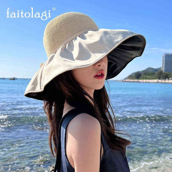 

new summer anti-uv women bucket hat wide brim bow sunscreen cap outdoor beach dome visor sunprotection fisherman caps lady y220702, Blue;gray