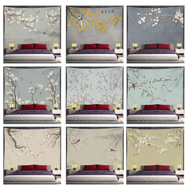 Tapeçaria Flor Chinesa e murais de pássaros parede de tapete pendurada em simples boêmio