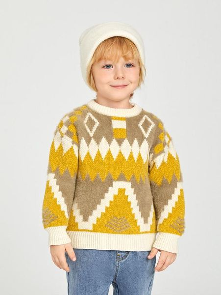 

toddler boys geo pattern drop shoulder fluffy knit sweater she01, Blue