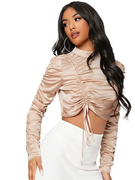 

ruched detail stand neck blouse 70o7#, White