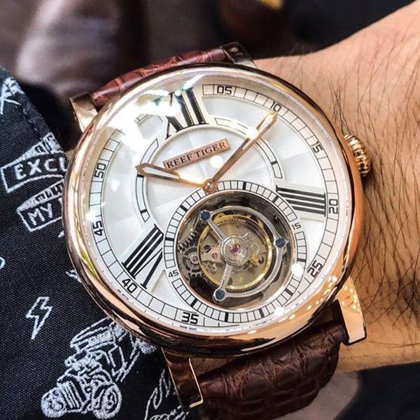 Bilek saatleri Reef Tiger/Rt Sıradan Tasarımcı Erkekler İçin Saat Lüks Gül Altın Saatler Tourbillon Timsah Strap ile Otomatik RGA199999WRISTWATC