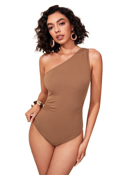 

solid one shoulder bodysuit 192d#, White