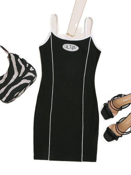 

l.etter graphic c.ontrast b.inding cami d.ress 65vc#, Black;gray
