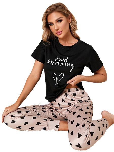 

drop shoulder heart & slogan pattern tee & pants pj set 93p1#, Black;red