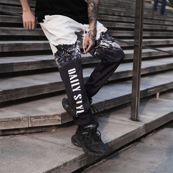 

chinese style letter print joggers pants windbreaker loose casual drawstring mens pants oversize hip hop harajuku trousers t200422, Black