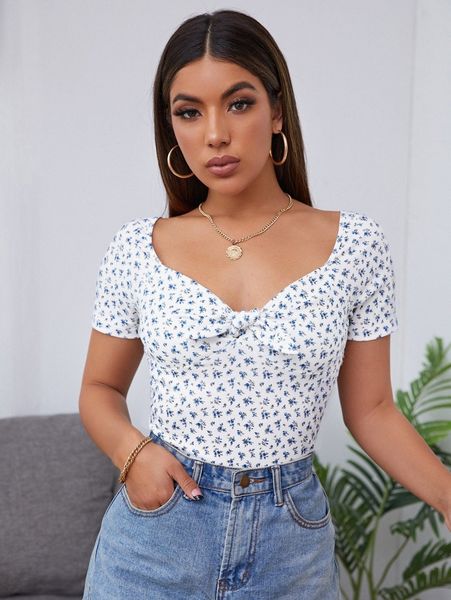 

ditsy floral knot front tee j1l8#, White