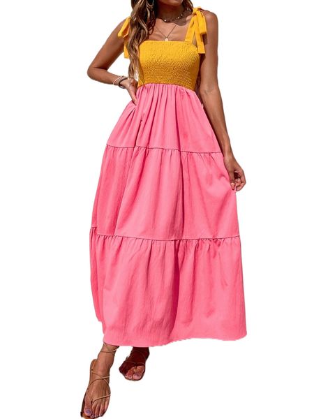 

color block shirred tie shoulder ruffle hem cami dress a4ss#, Black;gray