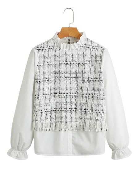 

plus plaid tweed panel raw cut flounce sleeve blouse c83p#, Black