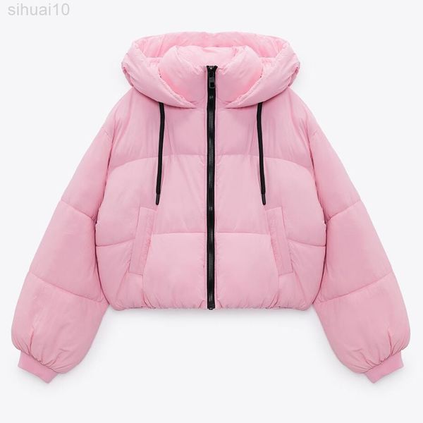 Jaquetas de Parkas femininas rosa com moldura de manga comprida e com capuz Khaki casaco quente e elegante e elegante casaco de mulher de inverno TRF L220730