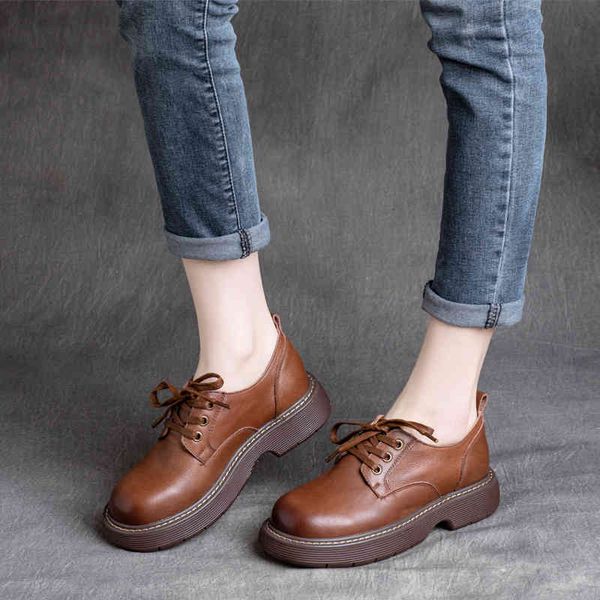 

sandals spring cowhide handsome british style round head thick sole single shoes lace up low heel college women's h6pe, Black