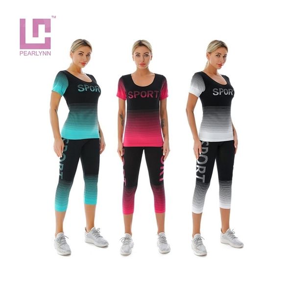 

summer two piece women's tracksuits yoga sets suit for fitness elasticity cropped trousers sports shirt gym clothing sportwear 220517, Gray