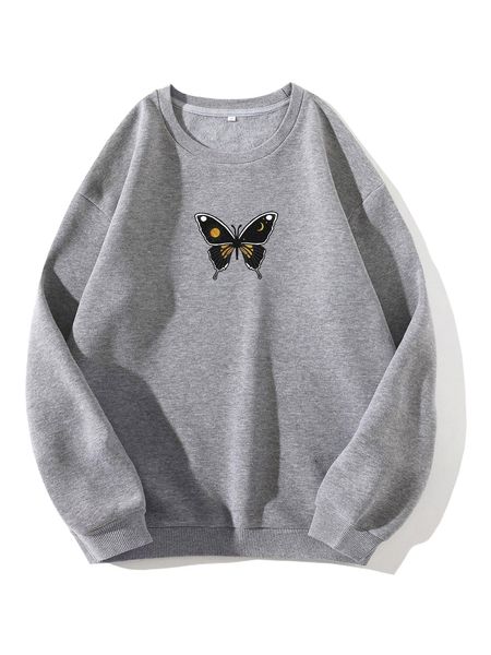 

butterfly print thermal lined sweatshirt n9ha#, Black