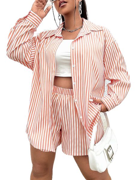 

plus striped drop shoulder shirt & shorts z3zp#, Black