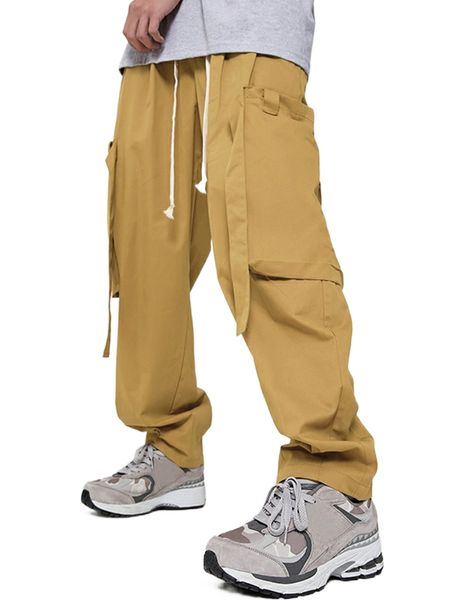 

men slant pocket drawstring waist cargo pants a5c9#, Black