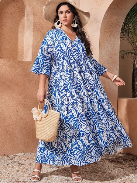 

plus allover print flounce sleeve smock dress p3eq#, Black