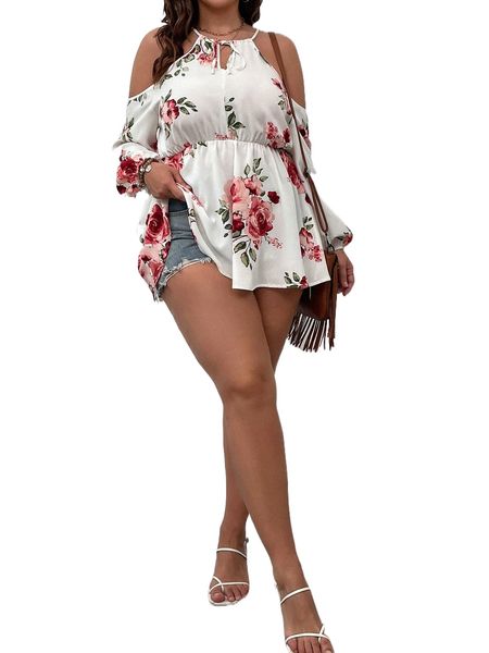 

plus floral print tie front cold shoulder lantern sleeve blouse v6fn#, Black