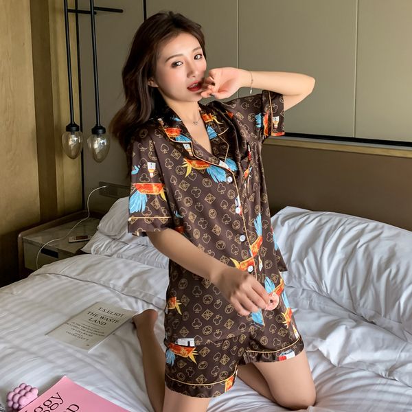 

women's pajamas set luxury style fashion poker pattern short sleeve couple sleepwear silk like leisure home clothes nightwear, Red;black