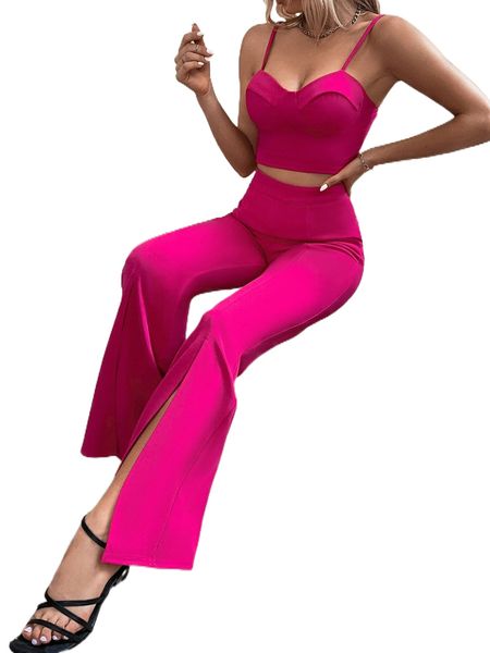 

zip back bustier cami & flare leg pants v9f0#, White