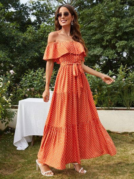 

off shoulder ruffle trim self belted polka dot dress t7hk#, Black;gray