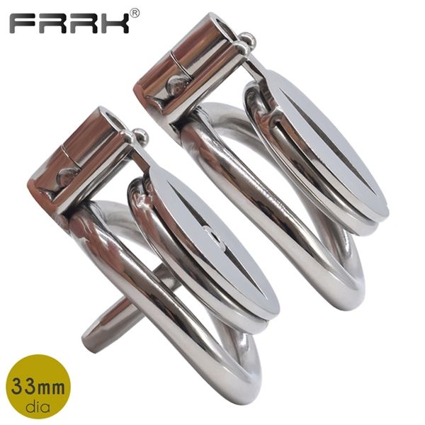 FRRK Flat Masculino Castidade Gaiola com Parafuso Cinto Bondage Aço Penis Anéis Pequeno Metal Cock-Lock BDSM Íntimo Brinquedos Sexuais para Homens 220414