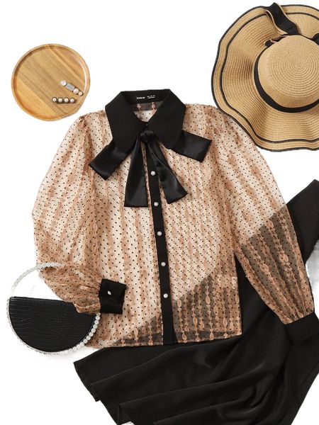 

tie neck polka dot sheer mesh shirt j5pk#, White