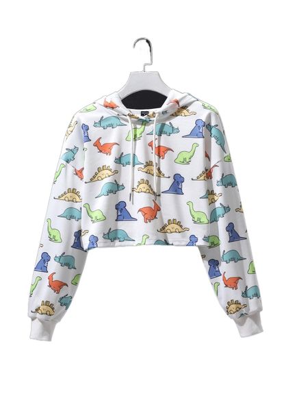 

x sn dinosaur print drop shoulder crop drawstring hoodie 3982#, Black