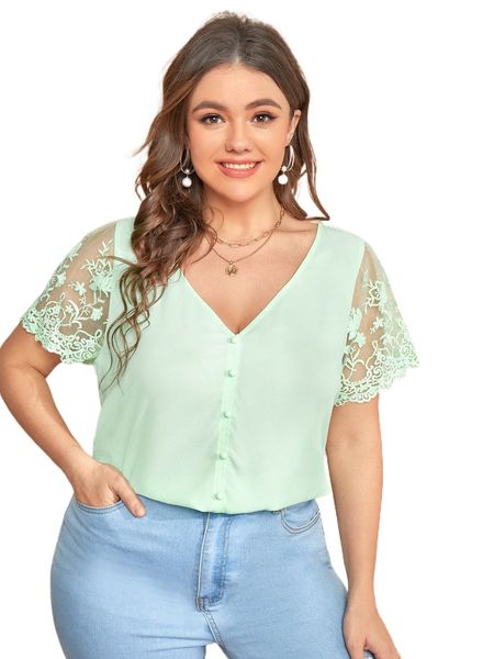

plus buttoned front embroidery mesh sleeve q5oc#, Black