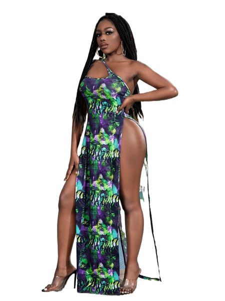 

allover print split thigh cut out one shoulder dress 13k0#, Black;gray