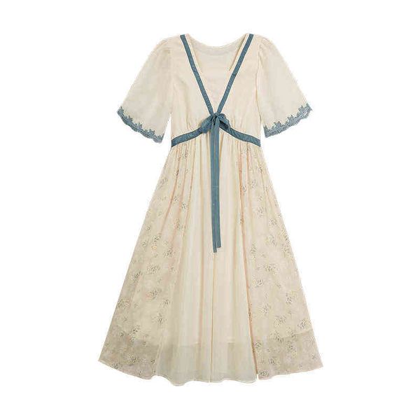 Maternidade vestido de verão renda de mangas curtas retalhos de retalhos Mulher vestido vintage da cintura alta estilo chinês vestido de chiffon j220628