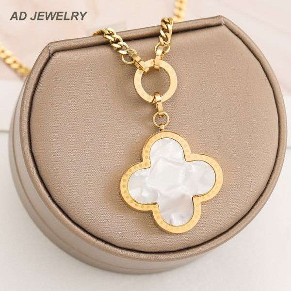 

korean style double side black white clover pendant necklace elegant design classic women stainless steel jewelry, Silver
