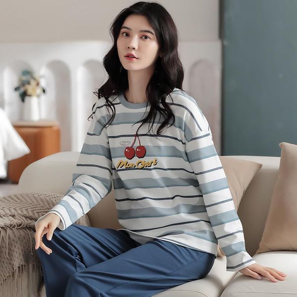 

autumn 100 cotton women pajamas womens sleepwear striped long pants two pieces set pyjamas femme sweet casual soft female, Black;red