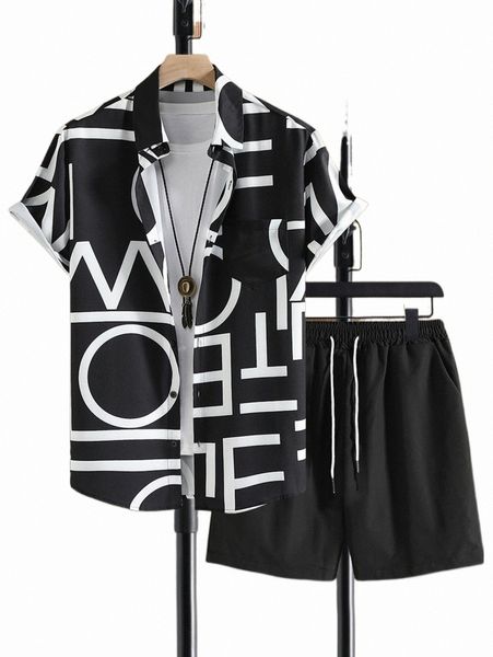 

men letter graphic shirt & drawstring waist shorts without tee e9lu#, Gray