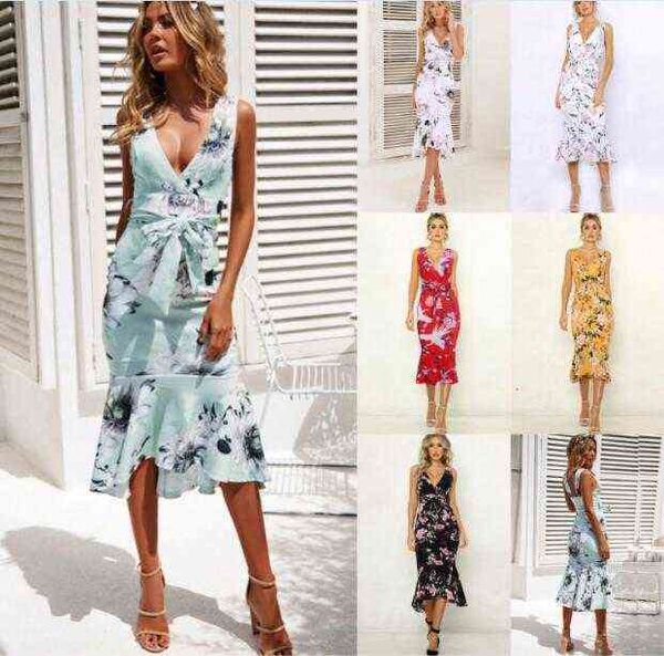 Frauen Sommer Kleid Mode Rüschen Floral Gedruckt Bodycon Party Abendkleid Sexy V-ausschnitt Schärpen Ärmelloses Beiläufiges Langes Kleid Weibliche