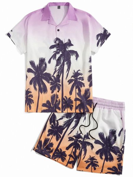 

extended sizes men coconut tree print shirt & drawstring waist shorts s9ih#, Gray