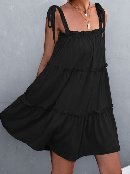 

tie shoulder ruffle trim cami dress i4ri#, Black;gray