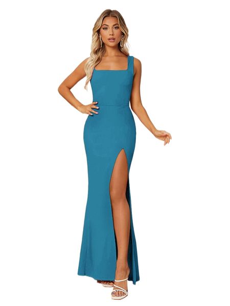 

square neck split thigh dress v80h#, Black;gray