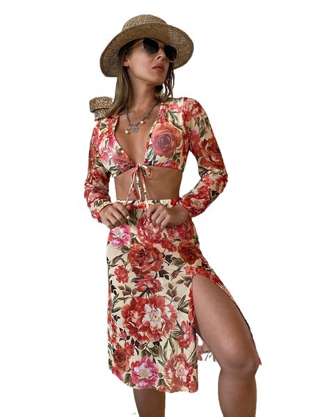 

3pack floral print bikini swimsuit & beach skirt t5lz#, White;black
