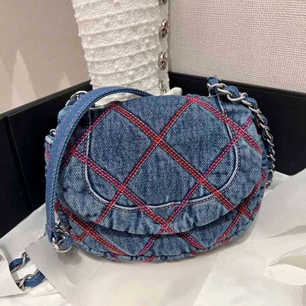 

19cm flap designer bags cowboy blue denim messenger shoulder bag handbag letter badge silver chain two-tone cross body bag tote women