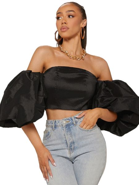 

off shoulder exaggerated puff sleeve seam detail 79dy#, White